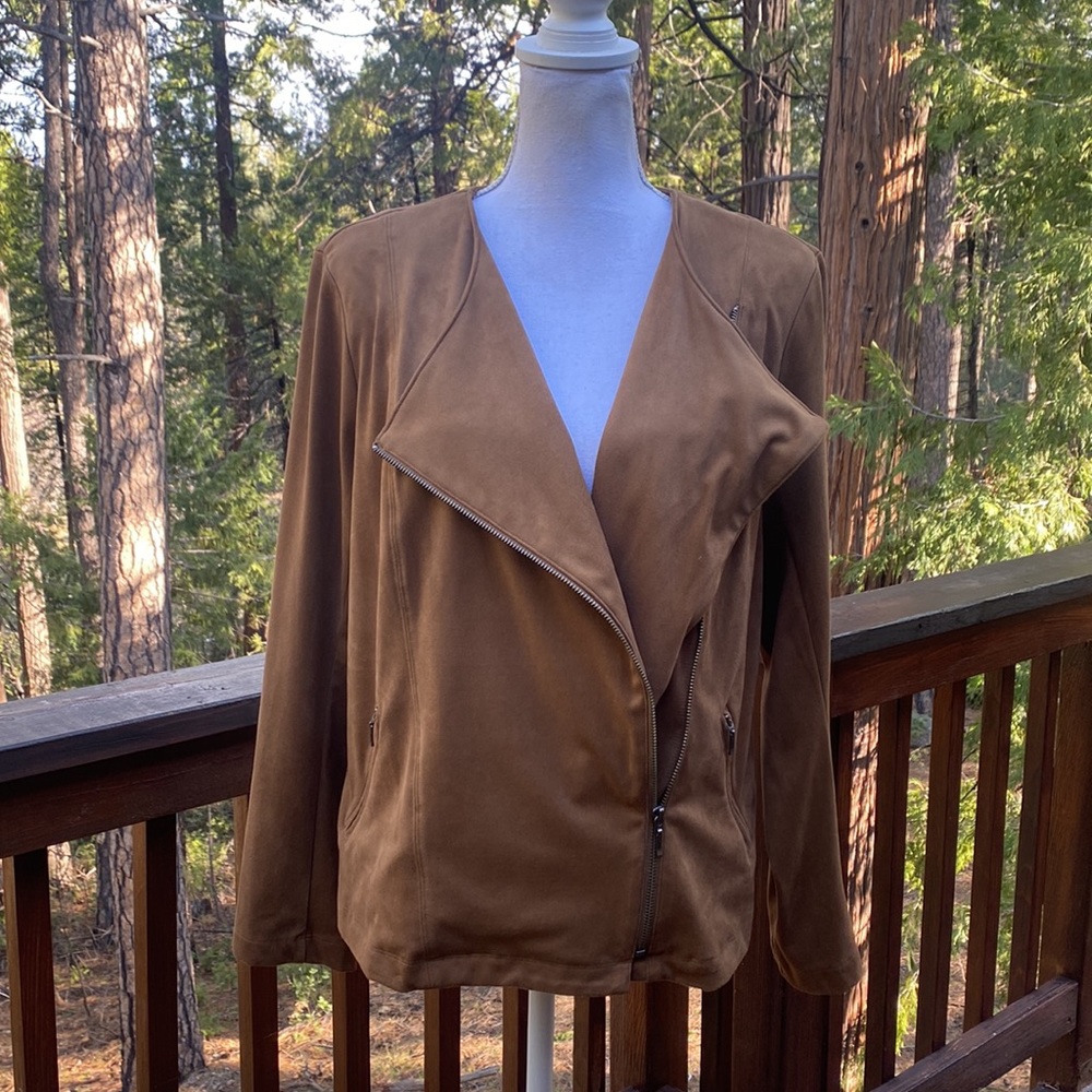 J Jill  Acorn Brown Ultra Soft Faux Suede Moto Zip Jacket Petite L - Picture 7 of 15